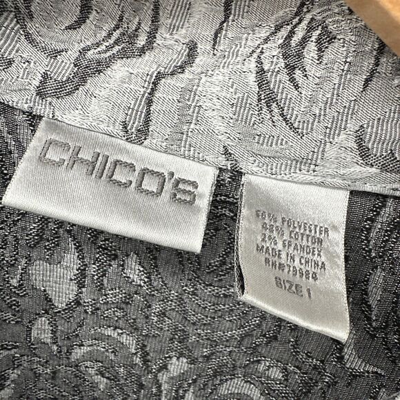 Chico’s Jacket Womens Medium/8 Silver Textured Rose Pattern Button Up Light - Picture 2 of 6